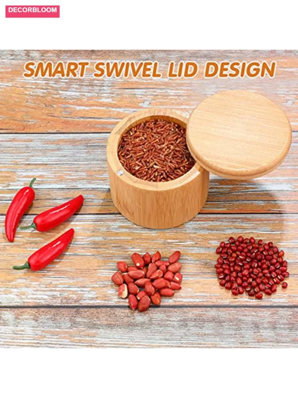 4 Pcs Bamboo Salt Cellar Spice Box with Magnetic Swivel Lid, Wooden Storage for